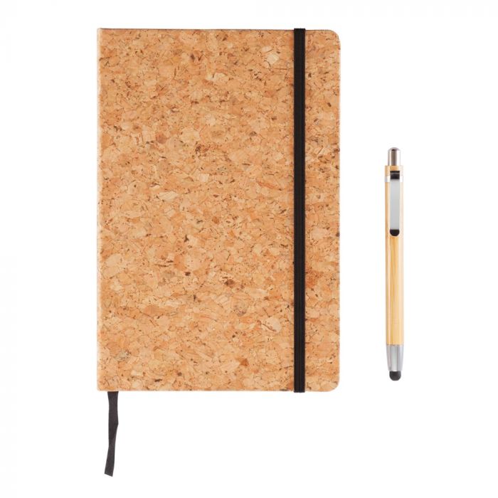 Блокнот Cork на резинке с бамбуковой ручкой-стилус, А5, коричневый