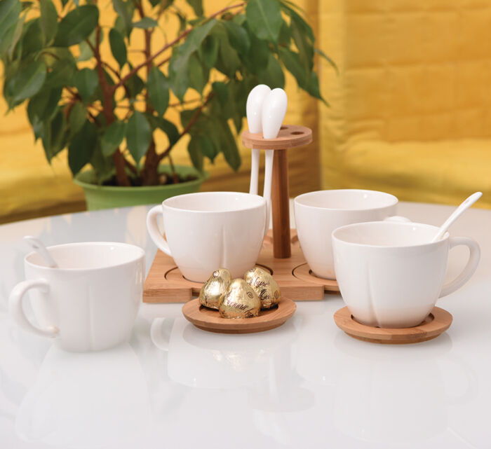 Набор Ксю:чайная пара (4шт) и чайная ложка (4шт) с подставкой в подарочной упаковке, коричневый, белый