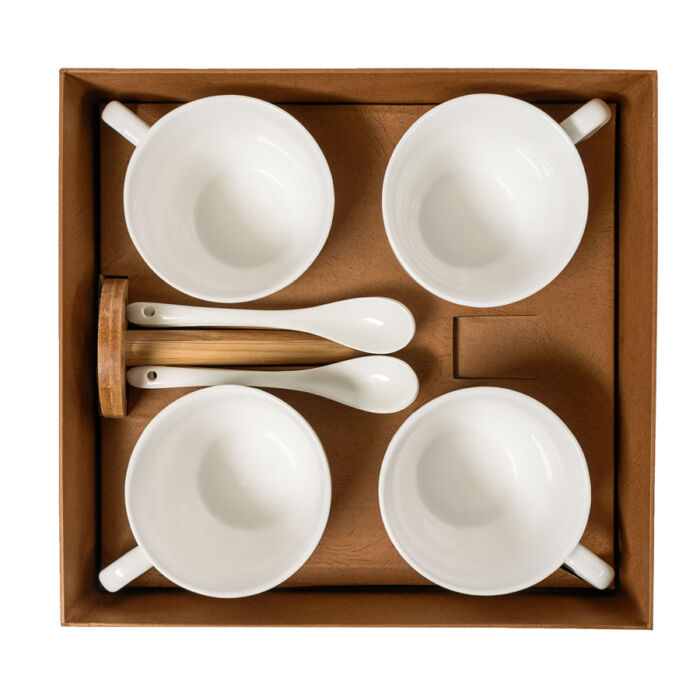 Набор Ксю:чайная пара (4шт) и чайная ложка (4шт) с подставкой в подарочной упаковке, коричневый, белый