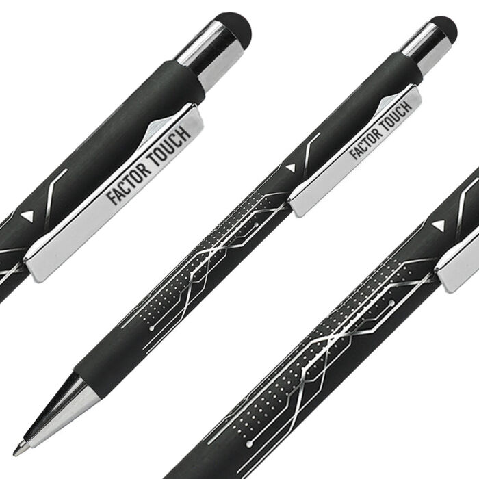 Ручка шариковая FACTOR BLACK со стилусом, черный, серебристый