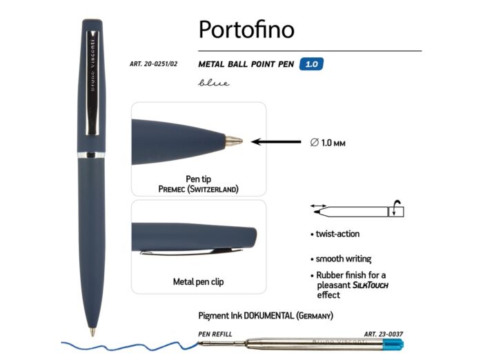 Ручка Portofino шариковая  автоматическая, синий металлический корпус, 1.0 мм, синяя