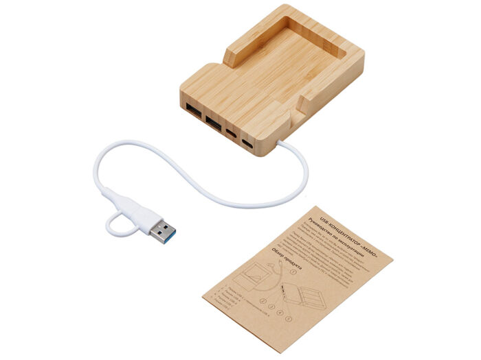 USB-хаб Memo, 2*USB, 2*Type C, натуральный