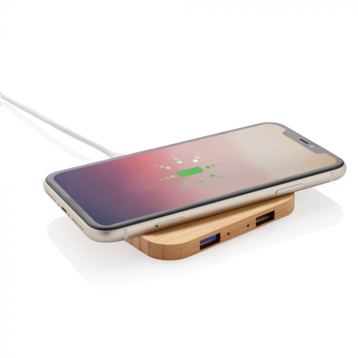 Док-станция для беспроводной зарядки Bamboo с портами USB, 5 Вт, коричневый